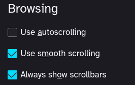 Screenshot of Firefox’s setting page showing a checked box for Always Show Scrollbars